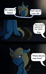 Size: 1688x2666 | Tagged: safe, artist:moonaknight13, derpibooru import, princess celestia, oc, oc:taylor queen, alicorn, pony, comic:the magic within, comic, comic series, dungeon, scar, text, text bubbles