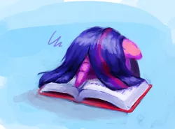 Size: 1280x948 | Tagged: safe, artist:aemantaslim, derpibooru import, twilight sparkle, pony, atg 2019, book, bookhorse, facebooking, faceplant, floppy ears, newbie artist training grounds, solo