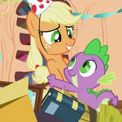 Size: 1080x1080 | Tagged: safe, derpibooru import, screencap, applejack, spike, dragon, earth pony, pony, secret of my excess, baby, baby dragon, birthday, book, cropped, cute, duo, embarrassed, fangs, female, freckles, golden oaks library, grateful, grin, hat, hug, looking at each other, male, mare, missing accessory, party hat, ponytail, shipping fuel, smiling, spikabetes