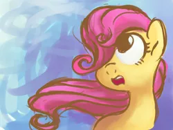 Size: 1280x965 | Tagged: safe, artist:aemantaslim, derpibooru import, fluttershy, pony, atg 2016, cute, female, filly, filly fluttershy, hair over one eye, newbie artist training grounds, open mouth, shyabetes, solo, younger