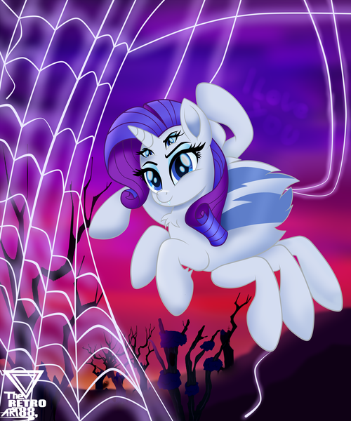 Size: 3990x4788 | Tagged: artist:theretroart88, derpibooru import, female, four eyes, halloween, holiday, horn, monster mare, monster pony, multiple eyes, original species, rarirachnid, rarity, safe, smiling, solo, species swap, spidarity, spiderpony, spiderponyrarity, spider web