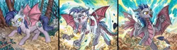 Size: 3846x1092 | Tagged: safe, artist:red-watercolor, derpibooru import, oc, oc:dawn sentry, unofficial characters only, bat pony, dragon, hybrid, pony, bat wings, blood, claws, cloud, dragon tail, dragon wings, dragonified, fangs, female, forest, growling, horns, mare, screaming, solo, species swap, tail, transformation, wings