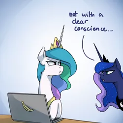 Size: 1200x1200 | Tagged: safe, artist:anticular, derpibooru import, princess celestia, princess luna, alicorn, pony, :t, angry, banana, bananalestia, burn, computer, dialogue, duo, female, food, jewelry, looking at each other, mare, open mouth, peytral, regalia, royal sisters, savage, scrunchy face, unamused
