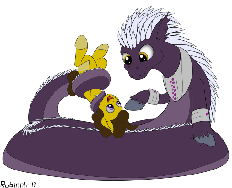 Size: 1478x1200 | Tagged: safe, artist:rubiont, derpibooru import, oc, oc:praetura amethyst, oc:terra, lamia, original species, pony, subterranean pony, coils, cute, gay, holding a pony, male, simple background, size difference, squish, tail, tail wrap, transformation, transparent background, upside down