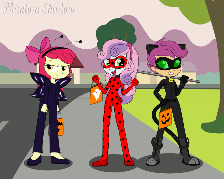 Size: 3000x2400 | Tagged: safe, artist:phantomshadow051, derpibooru import, apple bloom, scootaloo, sweetie belle, insect, ladybug, equestria girls, :t, akuma, annoyed, apple bloom is not amused, apple bloom's bow, bag, bow, candy bag, chat noir, clothes, cosplay, costume, cross-popping veins, crossover, cute, cutie mark crusaders, female, grin, hair bow, halloween, halloween costume, high res, holiday, miraculous ladybug, open mouth, smiling, street, trio, trio female, unamused