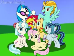 Size: 1500x1142 | Tagged: safe, artist:phantomshadow051, derpibooru import, coco pommel, lightning dust, posey, sonata dusk, sunset shimmer, vinyl scratch, ponified, earth pony, pegasus, pony, unicorn, alternate mane six, bow, cocobetes, cute, dustabetes, equestria girls ponified, female, g1, g1 to g4, generation leap, looking at you, mane six opening poses, mare, one eye closed, open mouth, prone, request, signature, sitting, smiling, smiling at you, sonatabetes, spread wings, tail bow, vinylbetes, wings, wink, wristband