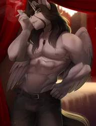 Size: 840x1100 | Tagged: abs, alicorn, alicorn oc, anthro, anthro oc, artist:evehly, blood, cigarette, clothes, commission, derpibooru import, digital art, horn, male, muscles, oc, oc:virgil, pants, partial nudity, smiling, smoking, solo, solo male, suggestive, topless, wings