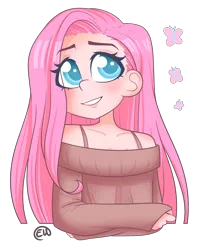 Size: 1024x1272 | Tagged: artist:erkythehero23, bust, butterfly, clothes, colored pupils, cute, cutie mark, derpibooru import, eye clipping through hair, female, fluttershy, human, humanized, off shoulder, safe, shyabetes, simple background, solo, sweater, sweatershy, transparent background
