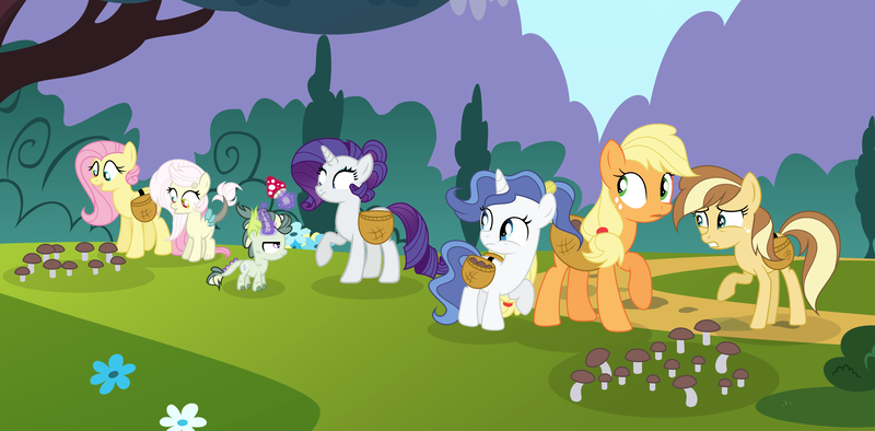 Size: 5848x2877 | Tagged: safe, artist:velveagicsentryyt, derpibooru import, applejack, fluttershy, rarity, oc, oc:apple pie, oc:burnity, oc:destiny, oc:sky city, dracony, dragon, hybrid, pony, female, filly, interspecies offspring, magical lesbian spawn, mushroom, offspring, parent:applejack, parent:caramel, parent:discord, parent:fancypants, parent:fluttershy, parent:pinkie pie, parent:rarity, parent:spike, parents:applepie, parents:carajack, parents:discoshy, parents:raripants, parents:sparity