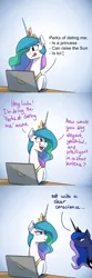 Size: 1200x3600 | Tagged: safe, artist:anticular, derpibooru import, princess celestia, princess luna, alicorn, pony, ask sunshine and moonbeams, :t, annoyed, banana, bananalestia, burn, celestia is not amused, comic, computer, concentrating, dating, duo, female, food, frown, gradient background, jewelry, mare, regalia, royal sisters, savage, scrunchy face, teasing, tol, tongue out, unamused