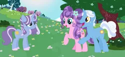 Size: 1190x541 | Tagged: safe, artist:z-shadow-0, derpibooru import, petunia petals, sunny skies, oc, oc:flowery dawn, pony, unicorn, rainbow roadtrip, base used, family, female, filly, freckles, male, offspring, parent:petunia petals, parent:sunny skies, parents:petuniasky, petuniasky, shipping, show-ified, straight