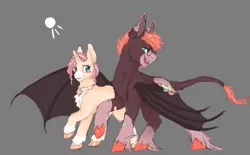 Size: 1297x805 | Tagged: safe, artist:cosmichorse, derpibooru import, oc, oc:cosmic dream, unofficial characters only, bat pony, hybrid, sheep, unicorn, bat wings, bell, collar, couple, fluffy, lamb, pastel, ponysona, simple background, special somepony, unshorn fetlocks, wings