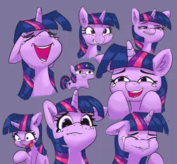 Size: 3027x2806 | Tagged: safe, artist:pabbley, derpibooru import, twilight sparkle, twilight sparkle (alicorn), alicorn, pony, sparkles! the wonder horse!, crying, description is relevant, ear fluff, eyes closed, female, floppy ears, high res, laughing, laughing tom cruise, laughingmares.jpg, lip bite, mare, meme, multeity, open mouth, purple background, raised hoof, simple background, smiling, solo, sparkle sparkle sparkle, tears of laughter, teary eyes, twiggie, xd