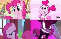 Size: 1118x715 | Tagged: a friend in deed, comparison, derpibooru import, edit, edited screencap, gummy, party of one, pinkamena diane pie, pinkie pie, safe, screencap, spinel (steven universe), steven universe