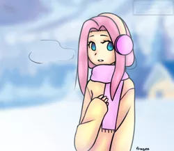 Size: 1150x1000 | Tagged: artist:happysweet2008, blurred background, clothes, colored pupils, cute, derpibooru import, earmuffs, female, fluttershy, human, humanized, safe, scarf, shyabetes, snow, solo, sweater, sweatershy, visible breath, winter