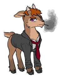 Size: 1398x1823 | Tagged: safe, artist:multiverseequine, derpibooru import, oc, oc:manchineel, unofficial characters only, deer, pony, bottomless, broken horn, cigarette, clothes, eyepatch, horn, male, necktie, partial nudity, shirt, simple background, smoking, solo, transparent background