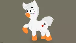 Size: 2560x1440 | Tagged: safe, artist:fuzzypones, derpibooru import, bird, bird pone, earth pony, pony, :t, blush sticker, blushing, colored, crossover, gray background, male, raised hoof, simple background, smiling, solo, stallion, untitled goose game