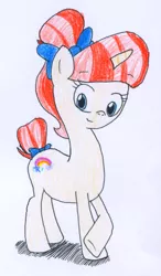 Size: 450x768 | Tagged: safe, artist:rizdub, derpibooru import, rainbow stars, pony, unicorn, background pony, bow, crossed hooves, solo, traditional art