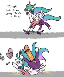 Size: 804x968 | Tagged: safe, artist:jargon scott, derpibooru import, princess celestia, alicorn, pony, cap, clothes, comic, epic fail, fail, female, goggles, hat, majestic as fuck, mare, oof, shirt, skateboard, skateboarding, solo, wipeout