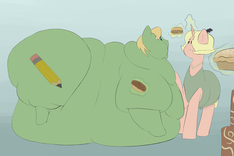 Size: 3000x2000 | Tagged: questionable, artist:lupin quill, derpibooru import, oc, oc:gilded swing, oc:sketch pad, unofficial characters only, earth pony, pony, unicorn, bedroom eyes, belly, belly bed, big belly, burger, butt, cake, chubby cheeks, clothes, donut, double chin, dress, fat, fat fetish, feather in hair, feedee, feeder, feeding, female, fetish, flabby chest, food, hay burger, huge belly, huge butt, immobile, impossibly large belly, impossibly large butt, jewelry, large butt, magic, male, morbidly obese, necklace, obese, pie, plot, rolls of fat, simple background, smiling, straight, telekinesis