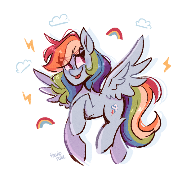 Size: 1280x1280 | Tagged: safe, artist:thwiprose, derpibooru import, rainbow dash, pegasus, pony, :p, cloud, cute, dashabetes, eye clipping through hair, eyebrows visible through hair, female, lightning, mare, no pupils, rainbow, simple background, solo, spread wings, tongue out, white background, wings