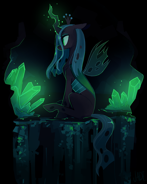 Size: 1277x1596 | Tagged: artist:jademoona, changeling, changeling queen, crown, crystal, derpibooru import, female, glowing horn, horn, jewelry, profile, queen chrysalis, regalia, safe, sitting, solo