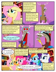 Size: 612x792 | Tagged: safe, artist:newbiespud, derpibooru import, edit, edited screencap, screencap, applejack, discord, fluttershy, pinkie pie, rainbow dash, rarity, twilight sparkle, draconequus, earth pony, pegasus, pony, unicorn, comic:friendship is dragons, book, bookshelf, comic, dialogue, evil grin, eyes closed, female, freckles, golden oaks library, grin, hat, male, mane six, mare, open mouth, screencap comic, sitting, smiling, thinking, throne, yawn