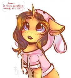 Size: 1086x1200 | Tagged: safe, artist:falafeljake, derpibooru import, oc, oc:astral flare, unofficial characters only, pony, unicorn, adorable face, animal costume, beanie, blushing, bunny costume, clothes, commission, context is for the weak, costume, cute, female, floppy ears, hat, hoodie, mare, simple background, solo, speech, sweet dreams fuel, talking, text, white background, ych result