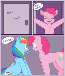 Size: 3000x3500 | Tagged: suggestive, artist:fatfurparadise, derpibooru import, pinkie pie, rainbow dash, pegasus, pony, comic:pie panic, bound, bound wings, chained, comic, dialogue, female, mare, shackles, this will end in weight gain, waking up, wings