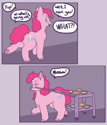 Size: 3000x3500 | Tagged: safe, artist:fatfurparadise, derpibooru import, pinkie pie, pony, comic:pie panic, colored hooves, comic, cutie mark, dialogue, eyes closed, female, food, frog (hoof), heart, heart hoof, mare, pie, speech bubble, this will end in weight gain, tray, underhoof