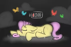 Size: 1200x800 | Tagged: safe, artist:antimationyt, derpibooru import, fluttershy, pony, cute, eyes closed, female, floppy ears, low battery, mare, missing cutie mark, night, profile, prone, simple background, sleeping, solo, stray strand, wingless
