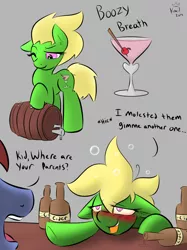 Size: 1232x1645 | Tagged: suggestive, artist:kingkrail, derpibooru import, oc, oc:boozy breath, unofficial characters only, earth pony, pony, alcohol, bubble, cider, drunk, drunk bubbles, drunk filly, female, filly, male, martini, off screen character, stallion, underaged drinking