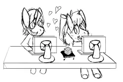 Size: 6454x4320 | Tagged: safe, artist:atlasthefox, derpibooru import, oc, oc:logic puzzle, oc:supersaw, earth pony, pony, unicorn, black and white, computer, couple, gay, grayscale, heart, male, mlp fim's ninth anniversary, monochrome, rubik's cube, sketch