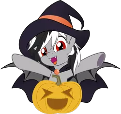 Size: 924x865 | Tagged: safe, artist:jhayarr23, derpibooru import, oc, oc:stormdancer, bat pony, pony, bat pony oc, bat wings, cape, clothes, costume, halloween, halloween costume, happy, hat, holiday, jack-o-lantern, pumpkin, smiling, wings, witch, witch hat
