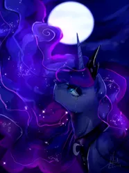 Size: 1800x2416 | Tagged: safe, artist:riukime, derpibooru import, princess luna, alicorn, pony, bust, crown, crying, digital art, ethereal mane, female, horn, jewelry, mare, moon, peytral, portrait, profile, regalia, solo, starry mane