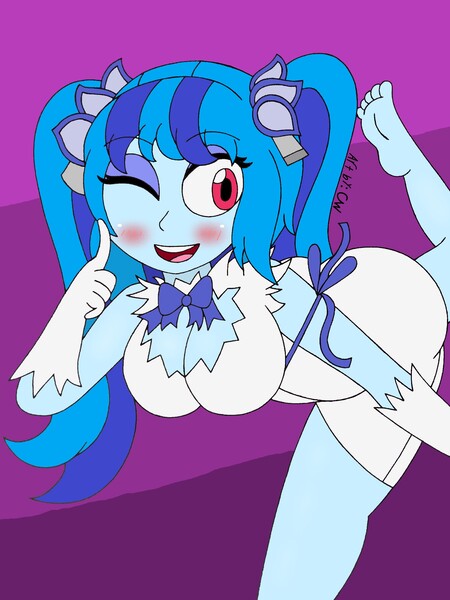 Size: 1932x2576 | Tagged: safe, artist:c_w, derpibooru import, sonata dusk, equestria girls, alternate hairstyle, blushing, clothes, cosplay, costume, cute, danmachi, eyeshadow, feet, finger on cheek, halloween, halloween costume, hestia (danmachi), holiday, leg in air, looking at you, makeup, one eye closed, pigtails, plump, smiling, solo, sonatabetes, twintails, wink