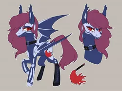 Size: 2012x1504 | Tagged: safe, artist:fredsonv, derpibooru import, oc, oc:adlyde, bat pony, pony, body tattoos, choker, clothes, fangs, red eyes, reference sheet, socks, solo, spiked choker, tattoo, thigh highs