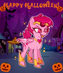 Size: 1200x1400 | Tagged: safe, artist:yojohcookie, derpibooru import, oc, bat, pegasus, pony, caption, clothes, costume, cute, evil, halloween, halloween costume, heart, holiday, nightmare night, pumpkin, solo, spooky, text