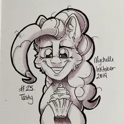 Size: 878x878 | Tagged: safe, artist:mychelle, derpibooru import, pinkie pie, earth pony, pony, cupcake, food, inktober, inktober 2019, monochrome, solo, traditional art