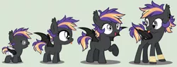 Size: 3644x1392 | Tagged: safe, artist:loveedovey, derpibooru import, oc, oc:nebulous moon, unofficial characters only, bat pony, pony, 5-year-old, age progression, baby, baby pony, biography in description, diaper, female, filly, simple background, solo, teenager