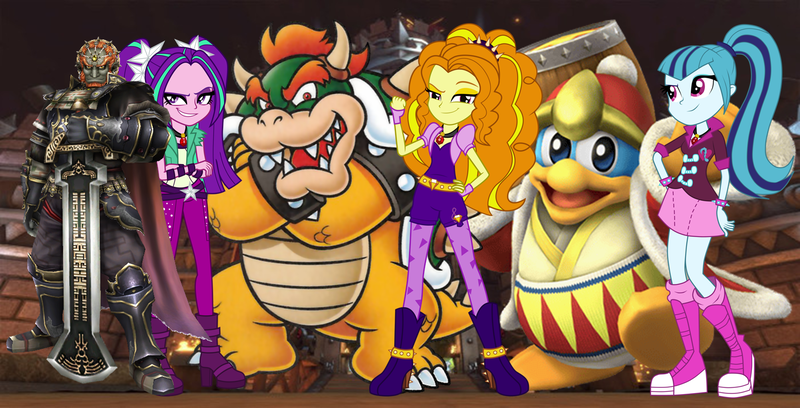 Size: 1664x848 | Tagged: safe, artist:diegator007, artist:mit-boy, artist:mixiepie, artist:vg805smashbros, derpibooru import, adagio dazzle, aria blaze, sonata dusk, human, equestria girls, barely eqg related, bowser, crossover, ganondorf, king dedede, kirby, legend of zelda: twilight princess, nintendo, super mario bros., super smash bros., the dazzlings, the legend of zelda