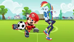 Size: 1421x800 | Tagged: safe, artist:epiccartoonsfan, artist:ilaria122, artist:vg805smashbros, derpibooru import, rainbow dash, human, equestria girls, equestria girls series, ball, barely eqg related, clothes, converse, crossover, crossover shipping, female, field, football, geode of super speed, magical geodes, male, maridash, mario, mario strikers charged, nintendo, school, shoes, soccer field, sports, straight, super mario bros.