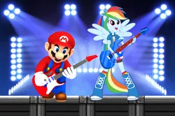 Size: 1928x1284 | Tagged: safe, artist:sigmastarlight, artist:vg805smashbros, derpibooru import, rainbow dash, human, equestria girls, rainbow rocks, air guitar, barely eqg related, concert, crossover, crossover shipping, electric guitar, female, guitar, light, male, maridash, mario, musical instrument, nintendo, pegasus wings, ponied up, pony ears, rock and roll, rock concert, rock on, stage, stage light, straight, super mario bros., wings