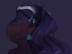 Size: 2048x1536 | Tagged: safe, artist:siripim111, derpibooru import, nightmare rarity, pony, unicorn, chest fluff, ethereal mane, eyeshadow, female, jewelry, lidded eyes, long mane, looking at you, makeup, mare, peytral, purple background, regalia, simple background, solo, starry mane, straight face