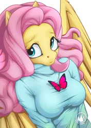 Size: 955x1351 | Tagged: safe, artist:mysticalpha, derpibooru import, fluttershy, anthro, bat pony, butterfly, breasts, busty fluttershy, clothes, cute, female, flutterbat, looking at you, race swap, shyabetes, simple background, solo, sweater, sweatershy, white background