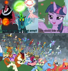 Size: 1920x2007 | Tagged: safe, derpibooru import, edit, edited screencap, screencap, amethyst star, autumn blaze, ballista, big macintosh, billy (dragon), blaze, carapace (character), chancellor neighsay, chief thunderhooves, clump, cozy glow, firelight, fizzlepop berrytwist, flam, fleetfoot, flim, fume, gabby, garble, gilda, grampa gruff, greta, lemon hearts, little strongheart, lord tirek, lyra heartstrings, minuette, moondancer, night light, party favor, pharynx, prince rutherford, princess ember, prominence, queen chrysalis, rain shine, ruby love, scarlet heart, seaspray, sky beak, soarin', spear (dragon), spiracle, spitfire, stellar flare, sunburst, surprise, tempest shadow, terramar, thorax, trixie, twilight sparkle, twilight sparkle (alicorn), twilight velvet, wind waker (character), zecora, alicorn, changedling, changeling, crystal pony, dragon, gryphon, hippogriff, kirin, 2 4 6 greaaat, the ending of the end, alicornified, apple, awesome, cap, clothes, comic, cozycorn, cropped, crowning moment of awesome, endgame, equestria assemble, everycreature, everyone is here, everypony, evil grin, fence, final battle, food, glowing horn, grin, hat, horn, king thorax, magic, outdoors, plot twist, pointing, powerful, prince pharynx, race swap, screencap comic, slasher smile, smiling, smug, smuglight sparkle, tree, trio, ultimate chrysalis, uniform, wall of tags, wonderbolts uniform