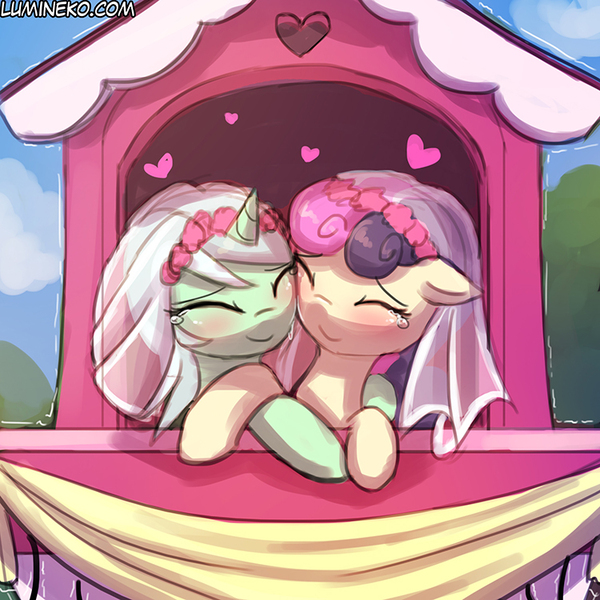 Size: 750x750 | Tagged: safe, artist:lumineko, derpibooru import, bon bon, lyra heartstrings, sweetie drops, earth pony, pony, unicorn, the last problem, blushing, cinderella, crying, cute, eyes closed, female, happily ever after, happy, hooves, horn, lesbian, lyrabon, mare, married couple, shipping, smiling, tears of joy, train