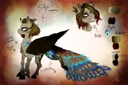 Size: 1350x900 | Tagged: safe, artist:black-opal1, derpibooru import, oc, oc:peacock plume, unofficial characters only, pegasus, pony, brown background, female, mare, peacock feathers, peacock tail, reference sheet, simple background, solo