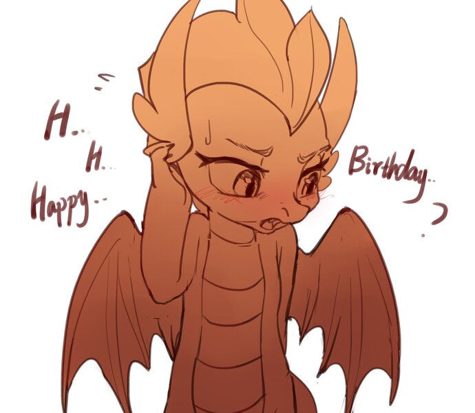 Size: 2300x2000 | Tagged: artist:luciferamon, blushing, cute, derpibooru import, dialogue, dragon, dragoness, event horizon of cuteness, female, happy birthday, hnnng, monochrome, safe, shy, simple background, smolder, smolderbetes, solo, style emulation, white background