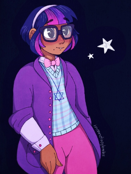 Size: 1536x2047 | Tagged: artist:incendiaryboobs, black background, blushing, bowtie, clothes, derpibooru import, female, glasses, human, humanized, jewelry, necklace, safe, sci-twi, signature, simple background, solo, star of david, twilight sparkle